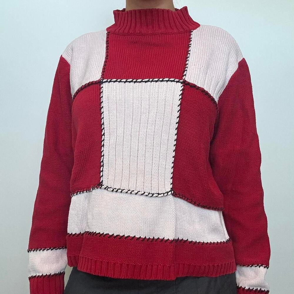 Liz Claiborne Red & White Patchwork Knit Sweater